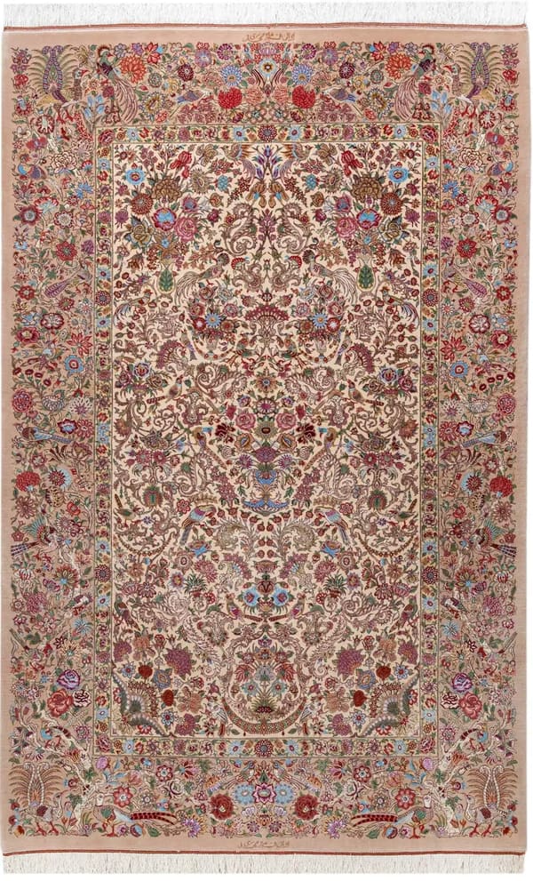 ミルメヒディ工房 蔓草と花瓶・鳳凰の総柄 モカ×クリーム 142×230cm (ID12001)
