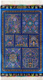 新品 ペルシャ絨毯 クム産 シルク100% 花木図 絵画 100×150青 ペルシャ絨毯 クム シルク バゲルザデ工房 パネル文様（ヘシュティー