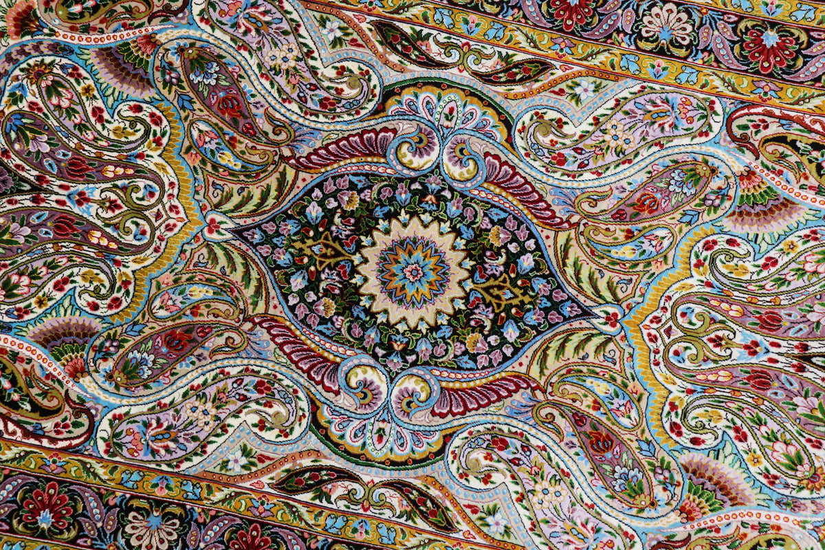 【ダバリ工房】クム産シルク 127×79cm ミックスカラー×黒「華麗なるペイズリー」ID25013