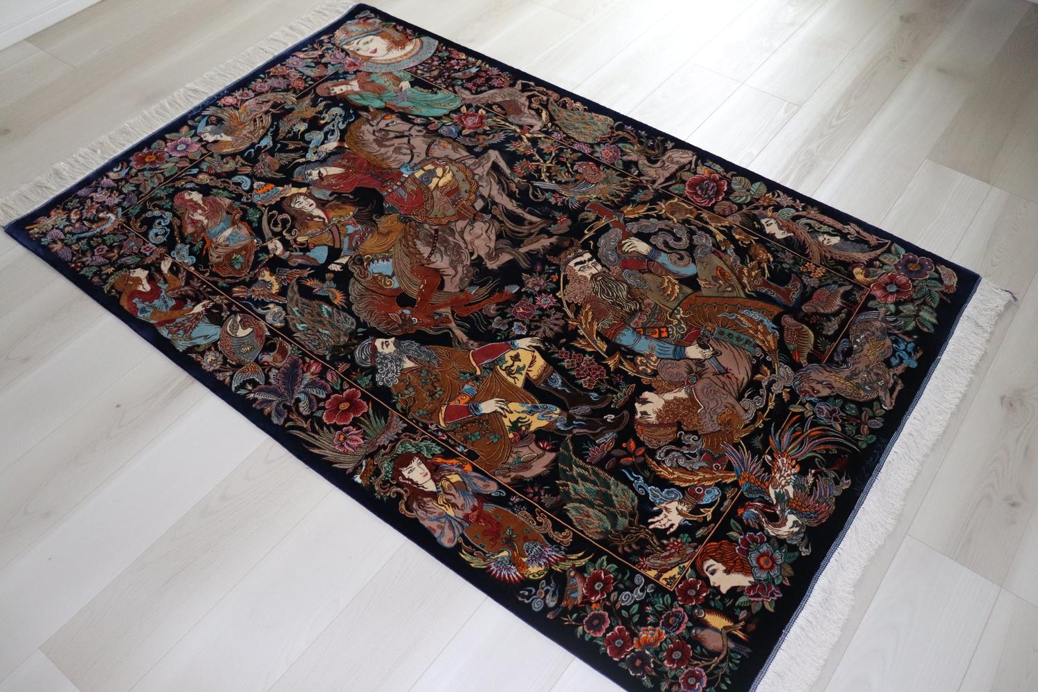 ペルシャ絨毯 クム産 シルク100% [ミルメヒディ工房] 古代英雄ロスタム