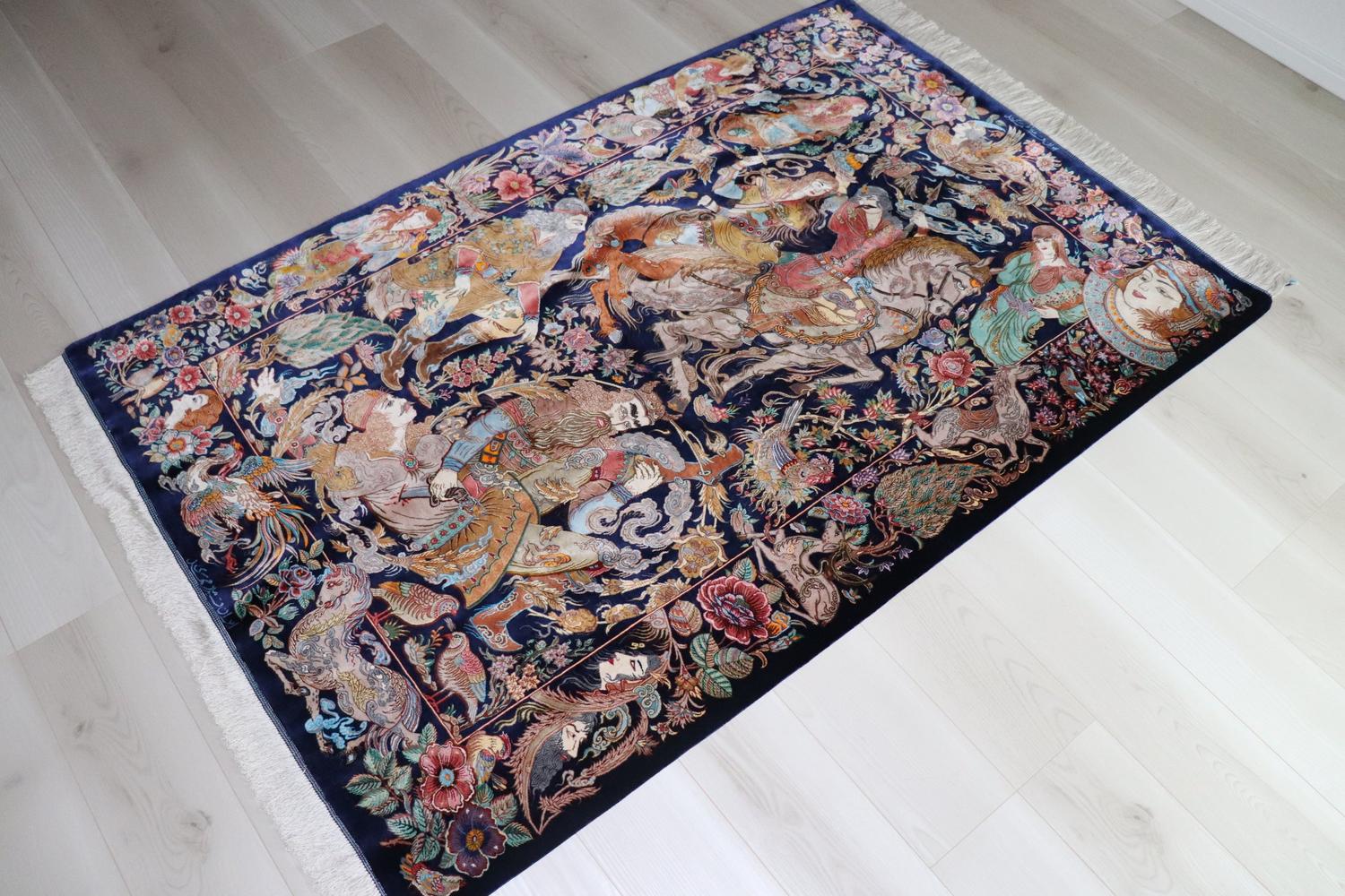 ペルシャ絨毯 クム産 シルク100% [ミルメヒディ工房] 古代英雄ロスタム