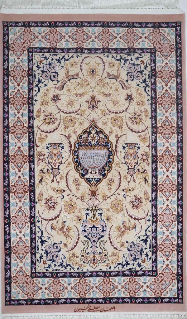 ハビビ工房 イスファハーン産 メダリオン ベージュ 100×156cm (No.16018)