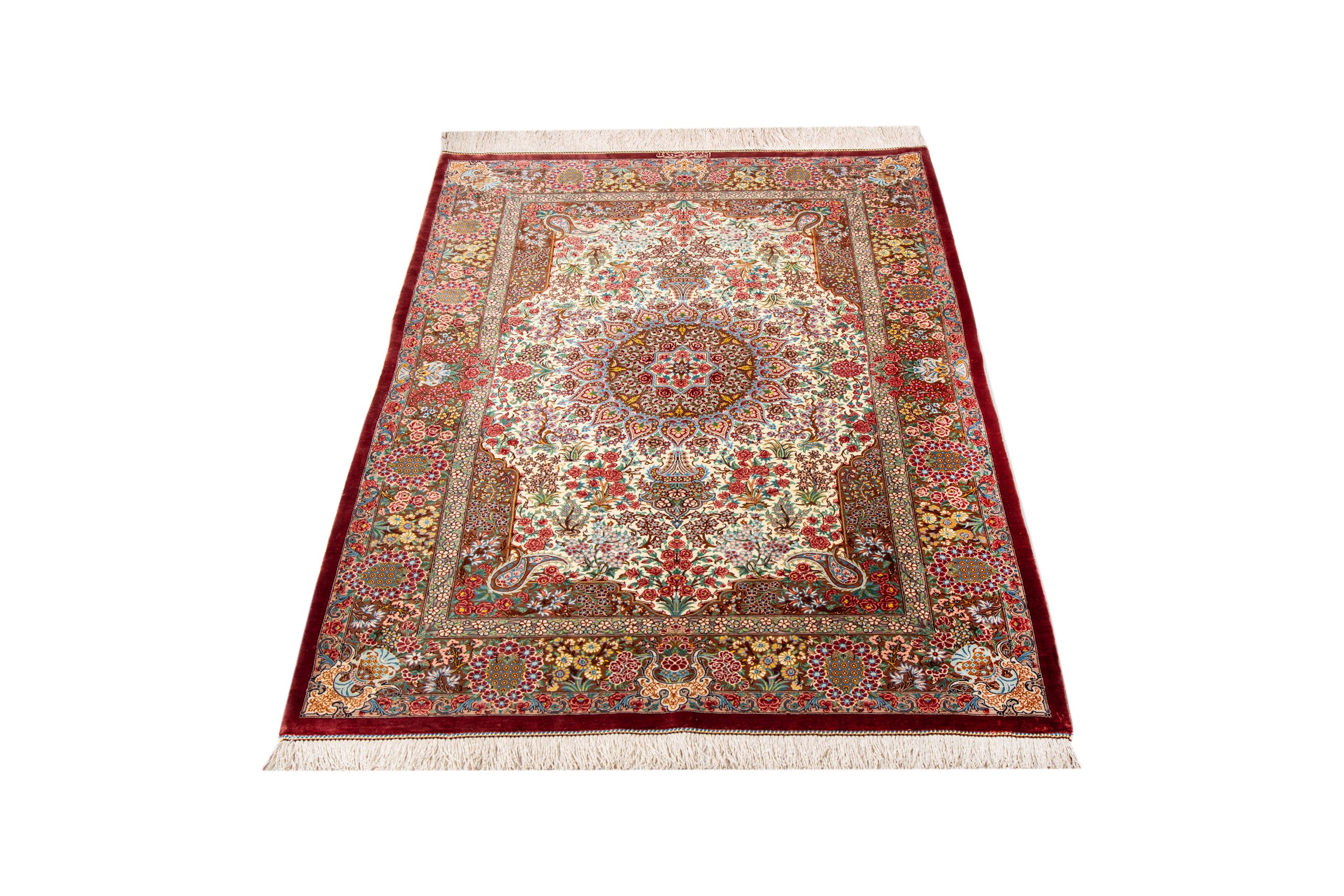 【美品】 ペルシャ絨毯 手織り クム Qom 産 メダリオン柄 シルク 美品】 ペルシャ絨毯 手織り クム Qom 産 メダリオン柄 シルク