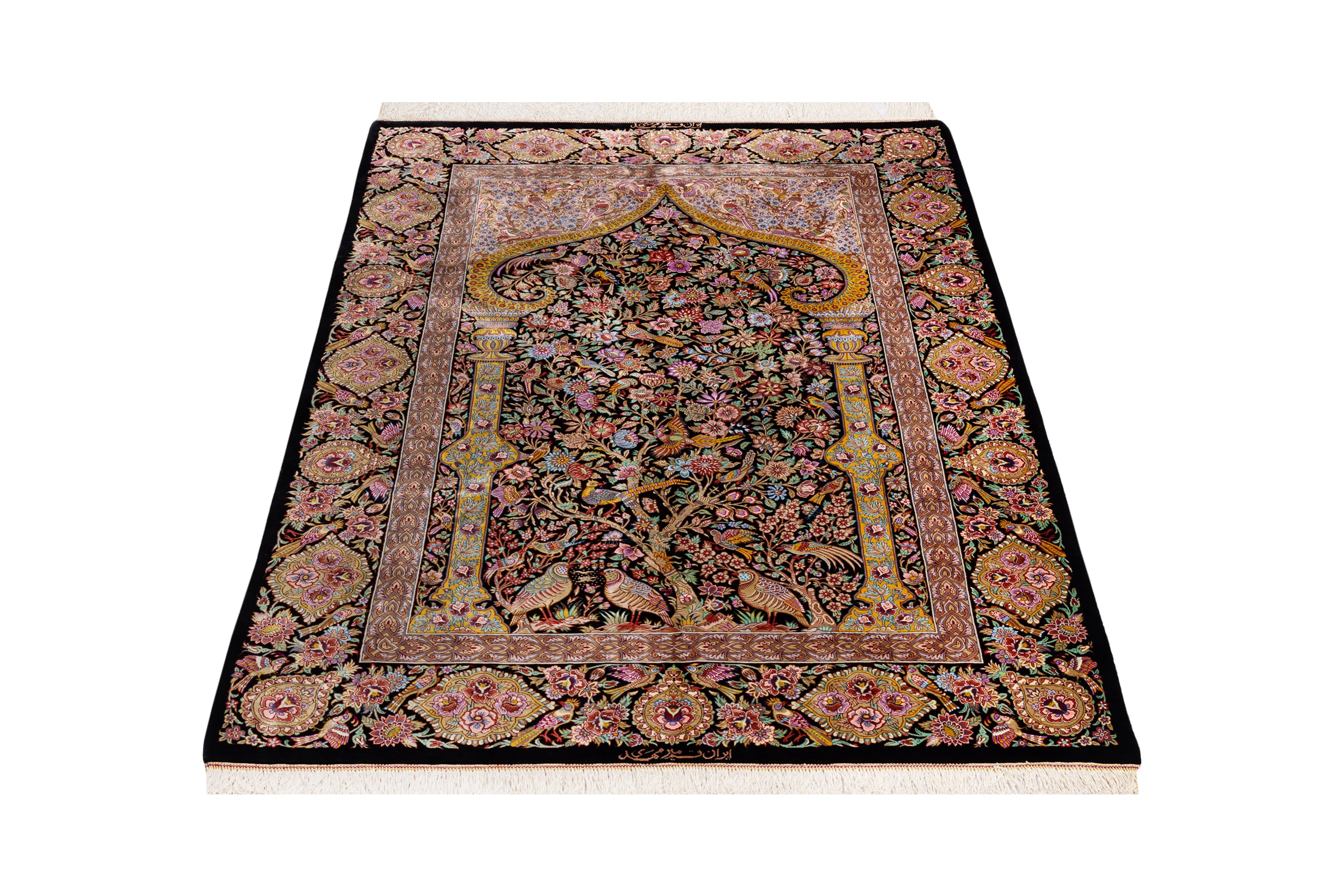 ペルシャ絨毯シルク100％クム産ミルメフディ工房91cm×59cm