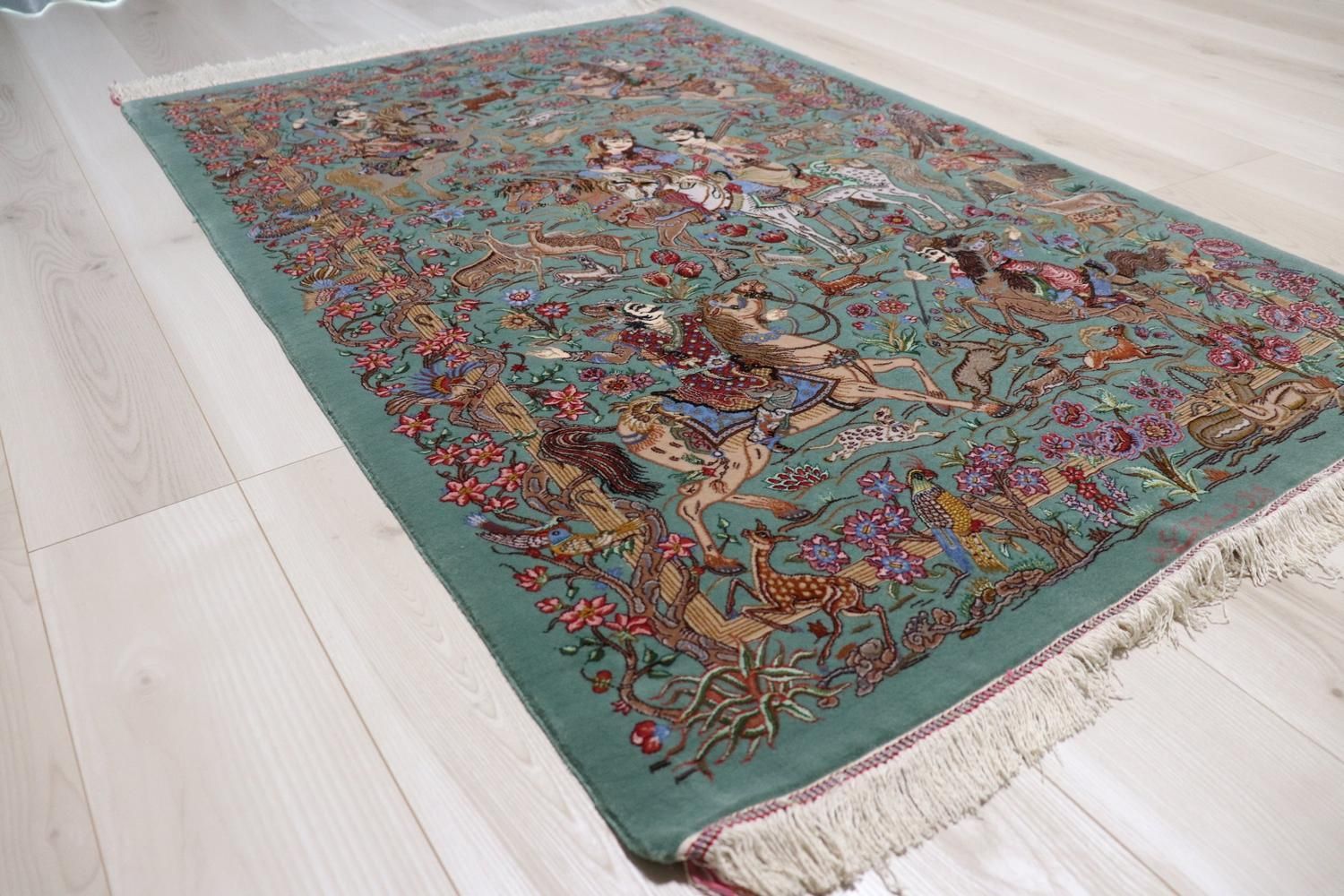 ペルシャ絨毯 クム産 コルク＆シルク [ミルメヒディ工房] グリーン