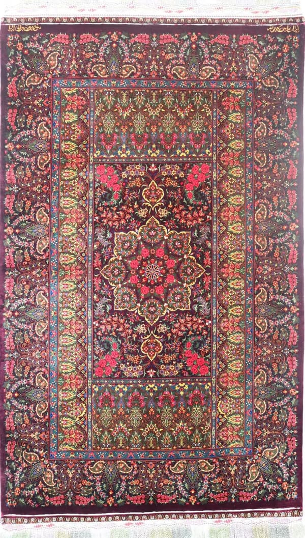 ラヒミ工房「薔薇の庭」八芒メダリオン 多彩×ワインレッド 78×133cm (ID17001)
