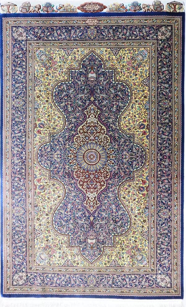 アッバス・ジャムシディ工房「ペルセポリス」アーチ形メダリオン ゴールド×ネイビー 74×120cm (ID17002)