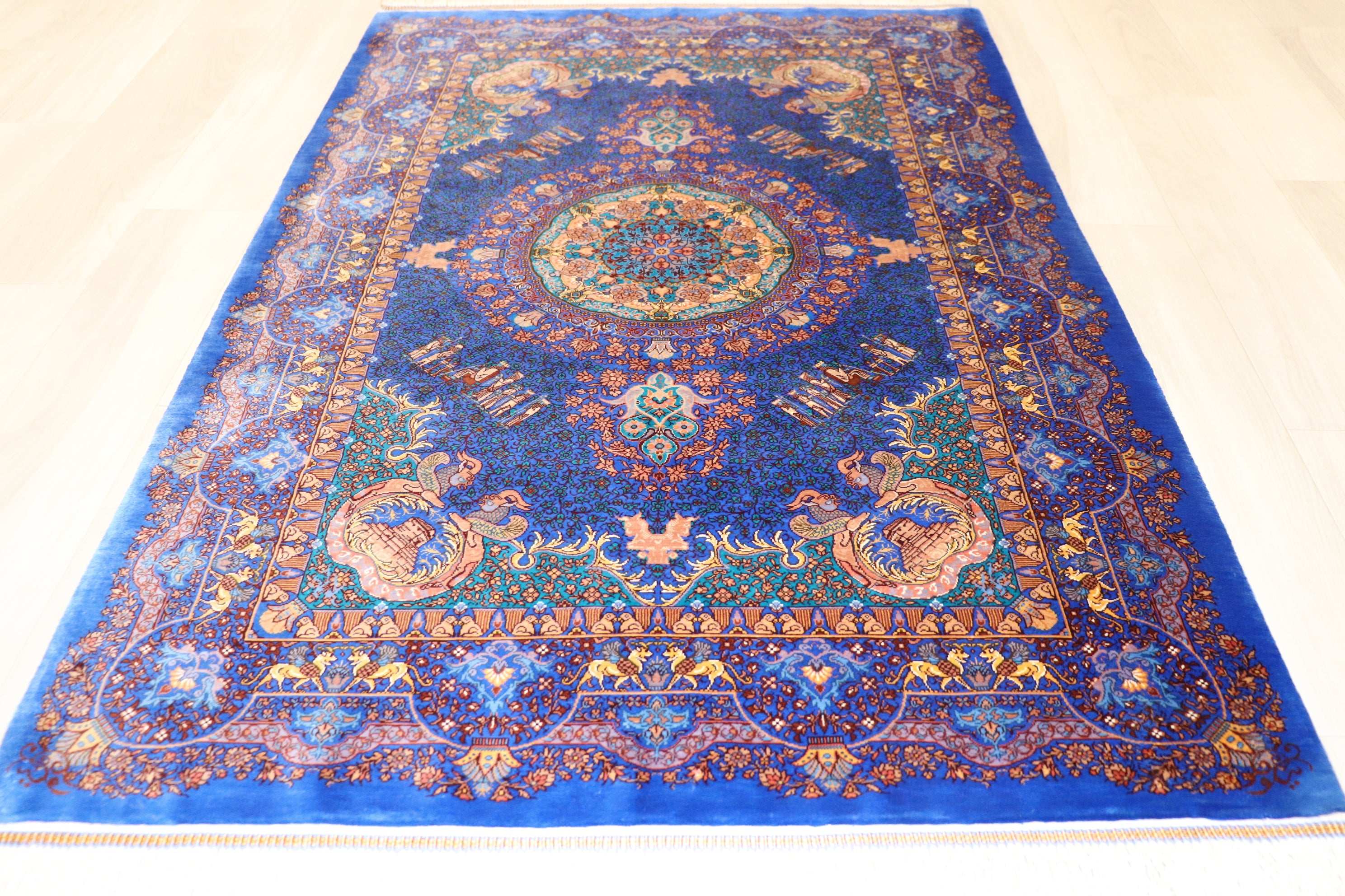 【美品】 ペルシャ絨毯 手織り クム Qom 産 メダリオン柄 シルク ペルシャ絨毯 クム産 シルク100% [ニクカル工房] 格式あるメダリオン柄