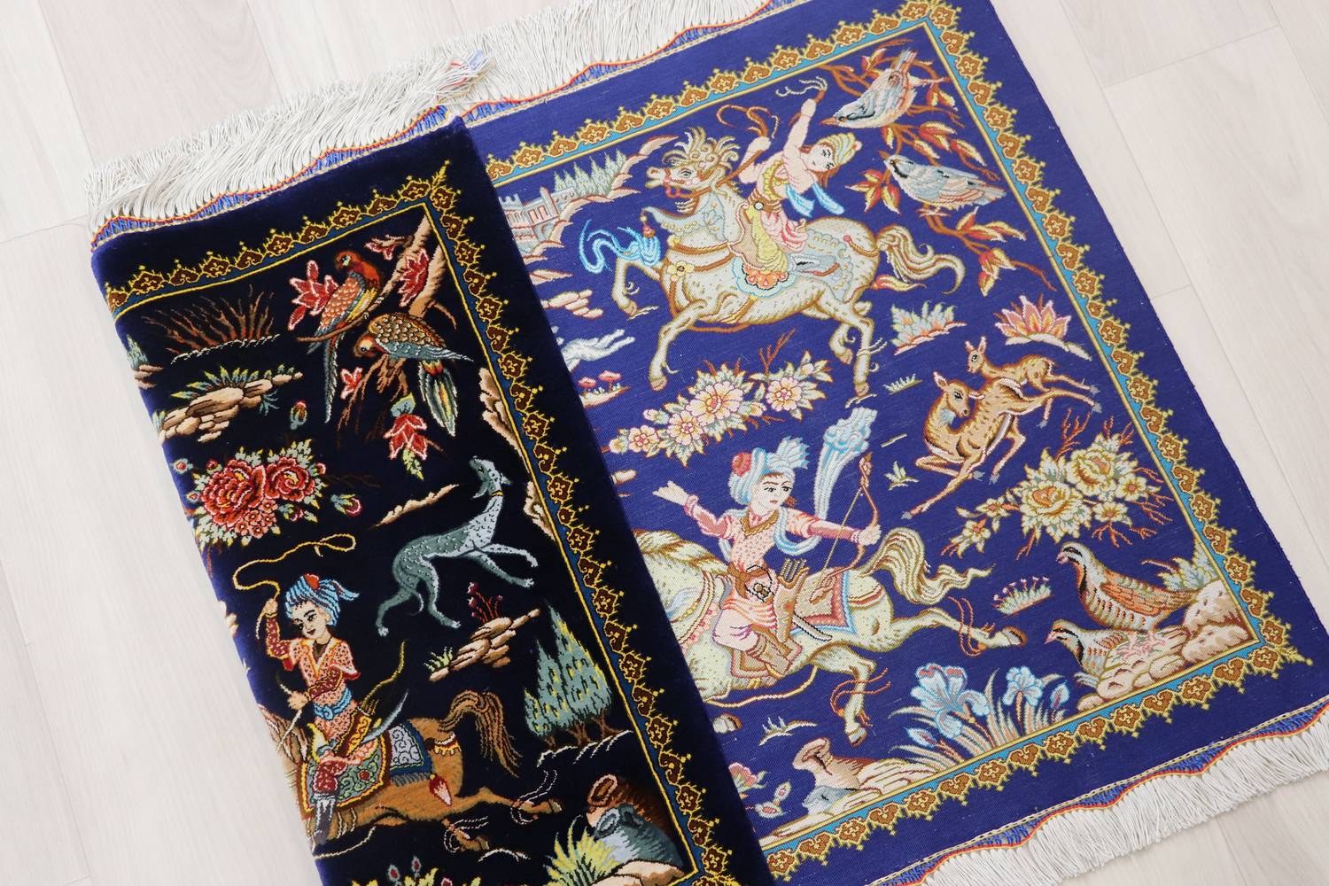 ペルシャ絨毯 クム産 シルク100% [マザヘル工房] 最高級 狩猟図文様