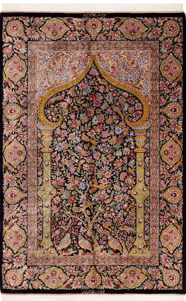 ミルメヒディ工房 ミハラブ文様(祈祷アーチの中の生命の樹)黒×多彩 105×159cm (ID18010)