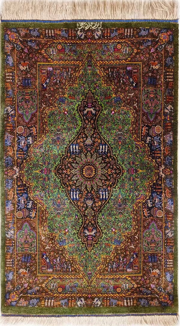 ザビヒ工房 ペルセポリス文様 グリーン 59×99cm (ID18028)