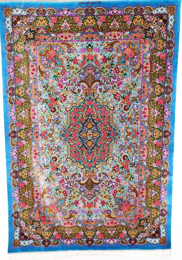 サリヤン工房 薔薇のメダリオン スカイブルー×多彩 99×148cm (ID19002)