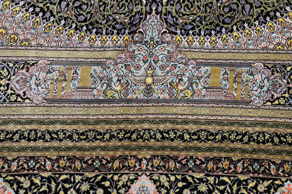 色彩の小宇宙 【ジャムシディ工房】 クム産シルク 195×317cm 黒×極彩色「夜の庭園」ID2300