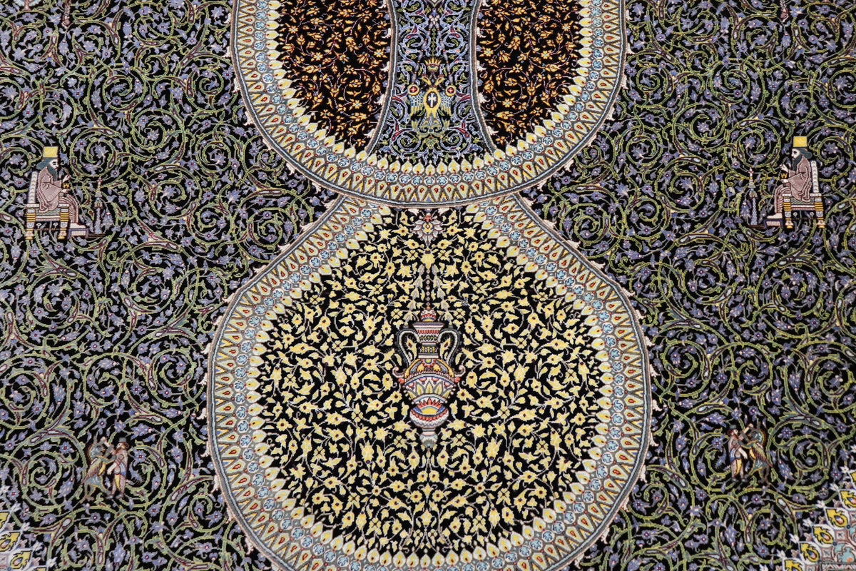 色彩の小宇宙 【ジャムシディ工房】 クム産シルク 195×317cm 黒×極彩色「夜の庭園」ID2300