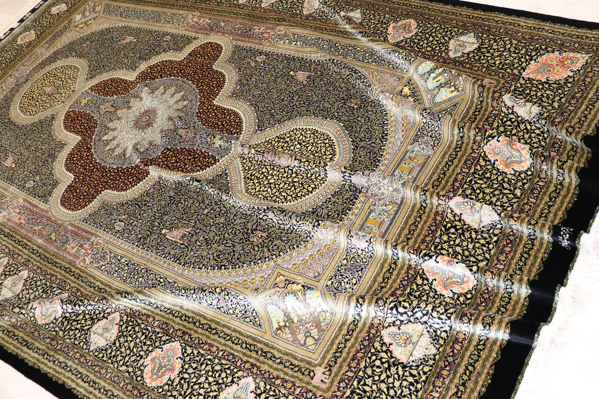 色彩の小宇宙 【ジャムシディ工房】 クム産シルク 195×317cm 黒×極彩色「夜の庭園」ID2300