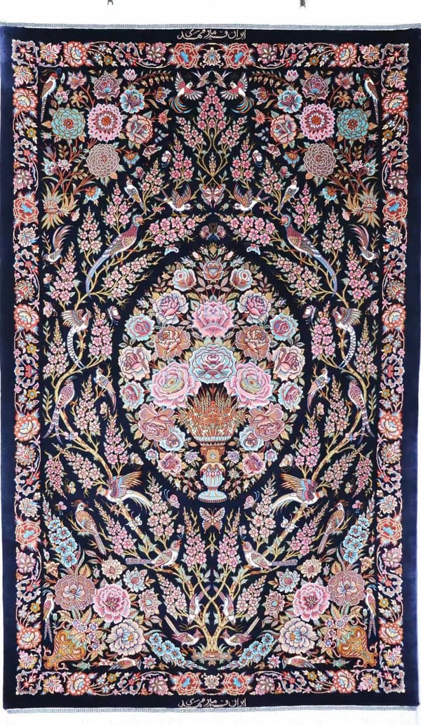 ミルメヒディ工房 国連展示作 花瓶と生命の樹×メダリオン 紺 80×130cm (ID2005)