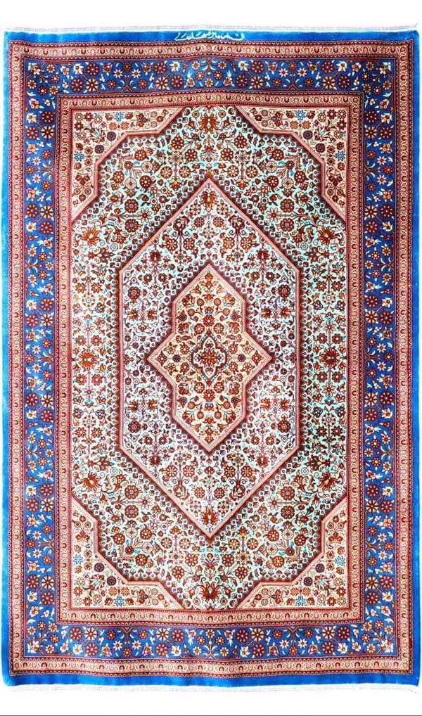 ミルメヒディ工房 ゴルリーズ(小花文様)薄緑×青 77×119cm (ID2009)