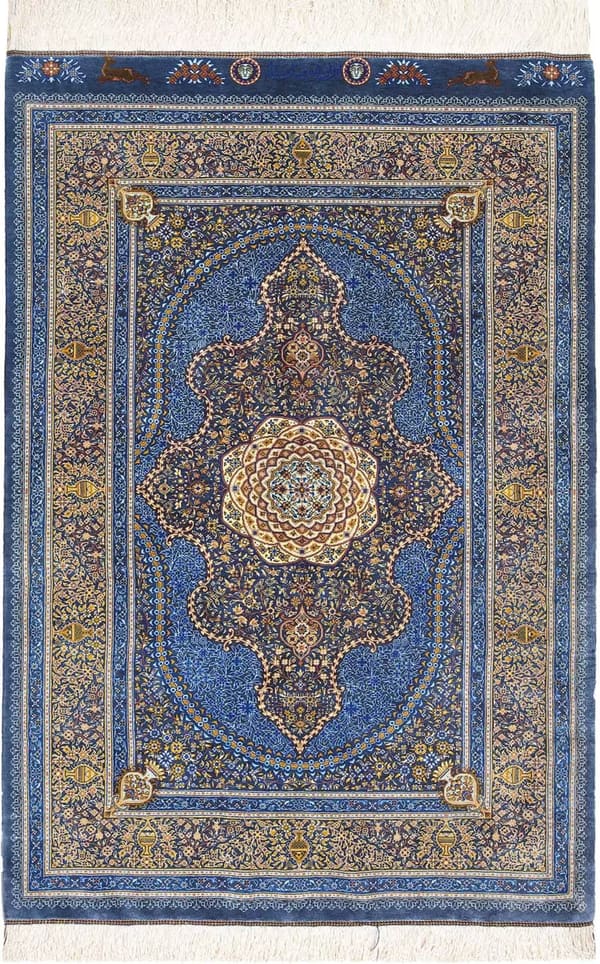 セディギヤン工房 豪華メダリオン 青グレー 79×118cm (ID23008)