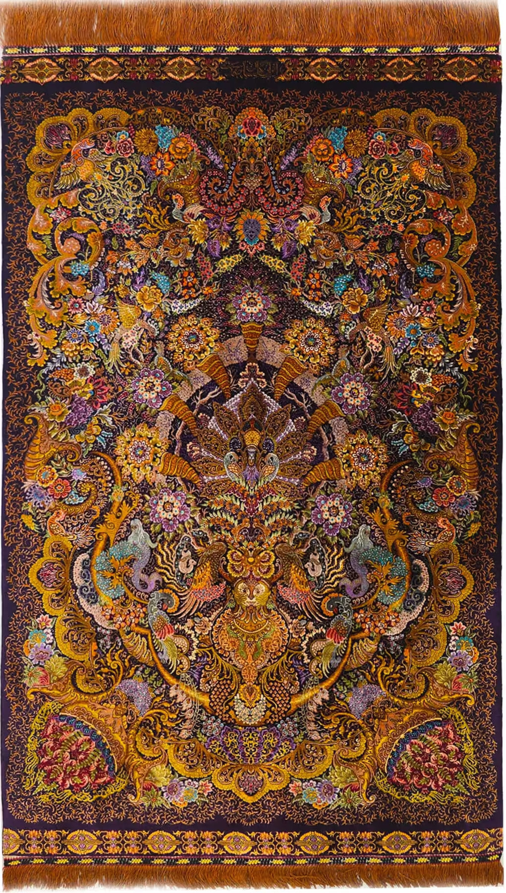 ペルシャ絨毯 クム産 シルク100% [サマディ工房] 珍しい絵画のような柄 玄関マットサイズ 壁飾り ID23010 1