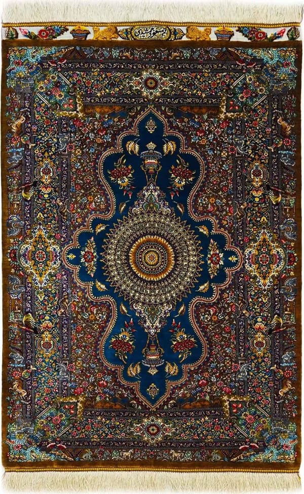 マスウード・ジャムシディ工房 神秘メダリオン（黄金の太陽紋と花瓶）深青×薄茶 61×86cm (ID23014)