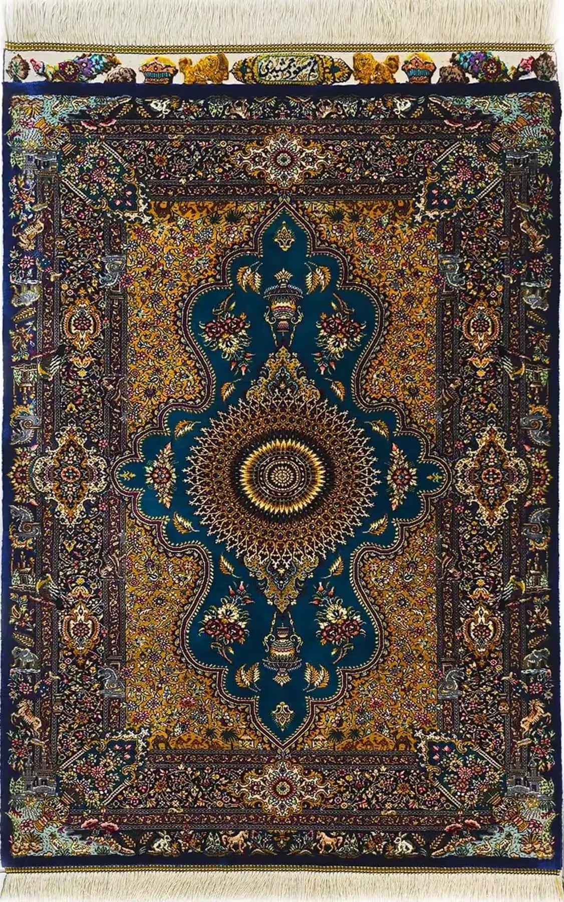 ペルシャ絨毯 クム産 シルク100% [マスウードジャムシディ工房] 壮麗なメダリオン 玄関マットサイズ ID23015 1