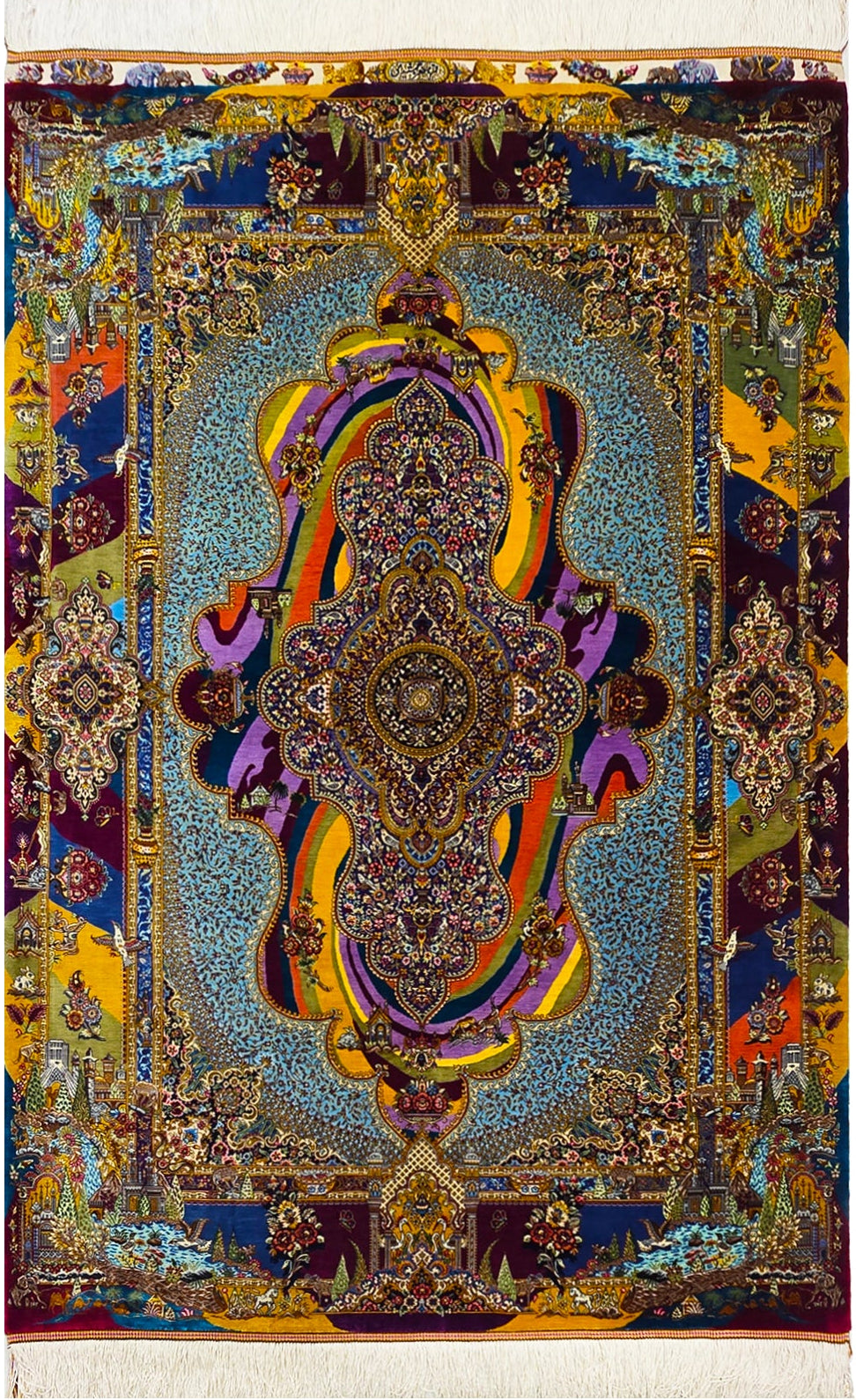 【ジャムシディ工房(ジャファル)】 最高傑作 視界を覆う、色彩の万華鏡 驚異的な密度の傑作 クム産シルク ID25015