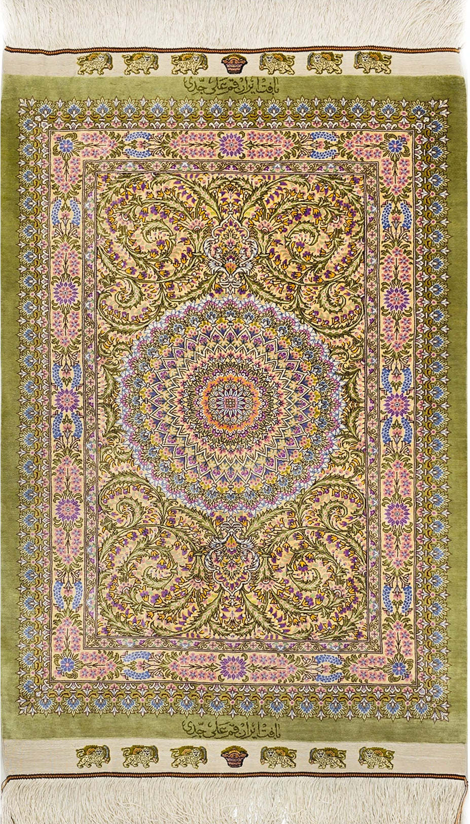 ジェッディ工房】クム産 ペルシャ絨毯 シルク100% 95×66cm ゴールデン