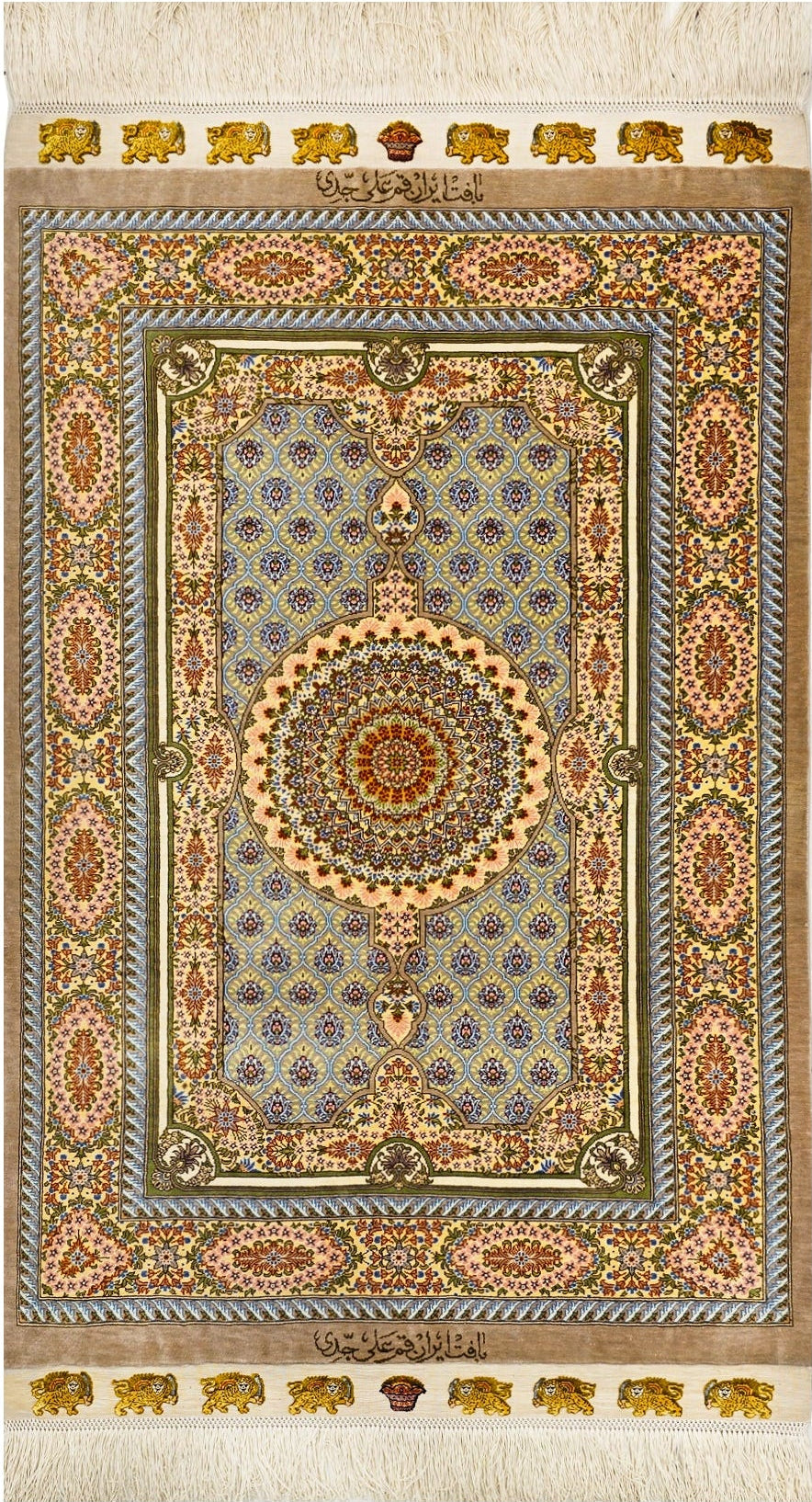 ジェッディ工房】クム産 ペルシャ絨毯 シルク100% 96×64cm ベイジュ