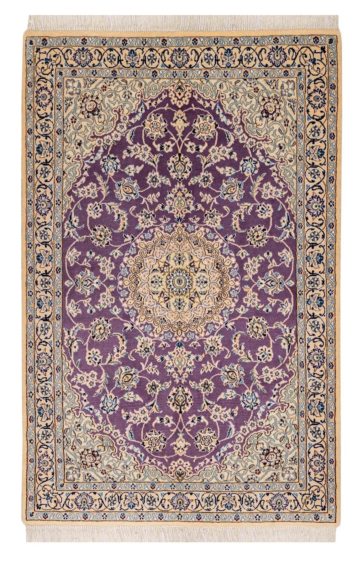 最安値 ペルシャ絨毯【ナイン産】気品あるパープル地の手織りペルシャ絨毯（約3㎡）