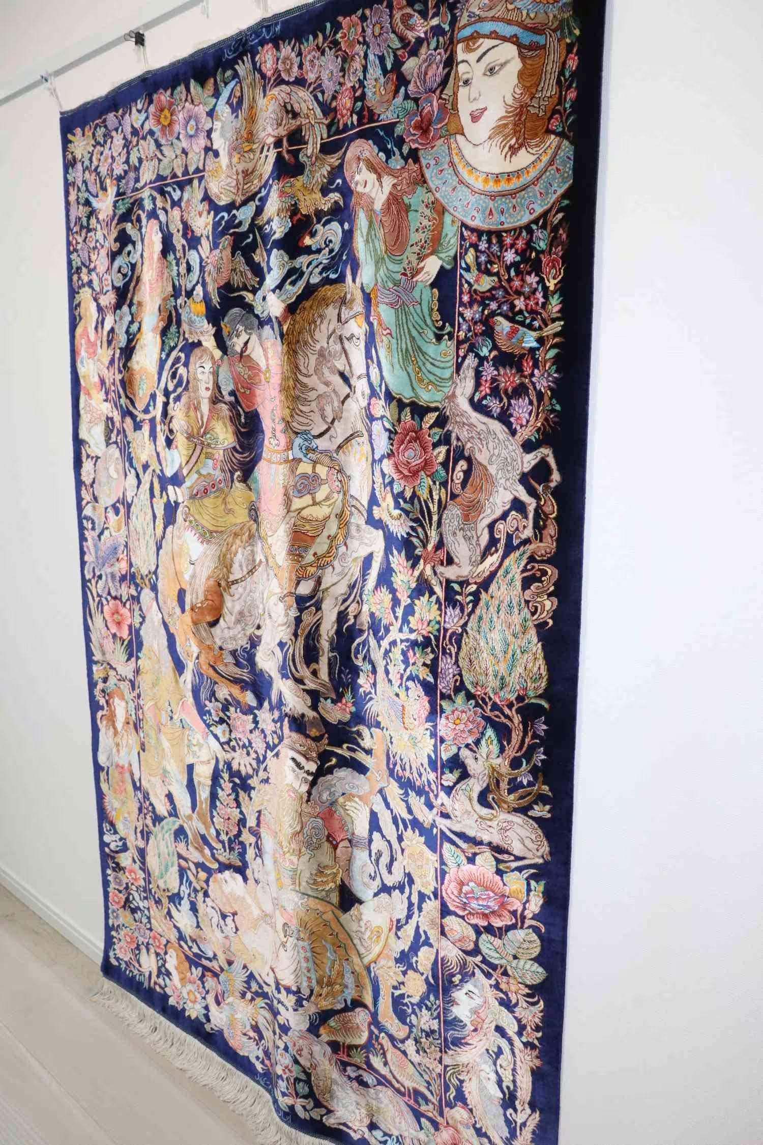 新品 ペルシャ絨毯 クム産 シルク100% 馬と女性 絵画 80×120 ペルシャ絨毯 クム シルク ミルメヒディ工房 ロスタムとソフラブの悲劇