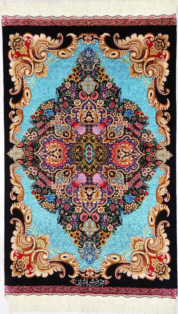 アシュラフ工房 メダリオン（トランジ＆ラチャク）青×黒 62×94cm (ID7014)