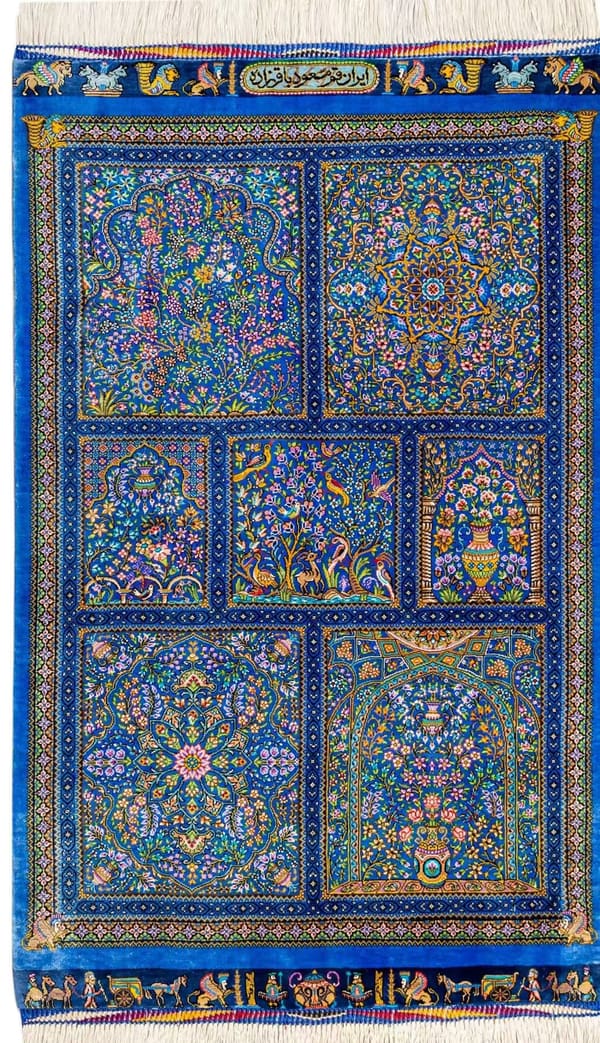 バゲルザデ工房 ヘシュティー（7パネル文様）多彩×青 60×89cm (ID8002)