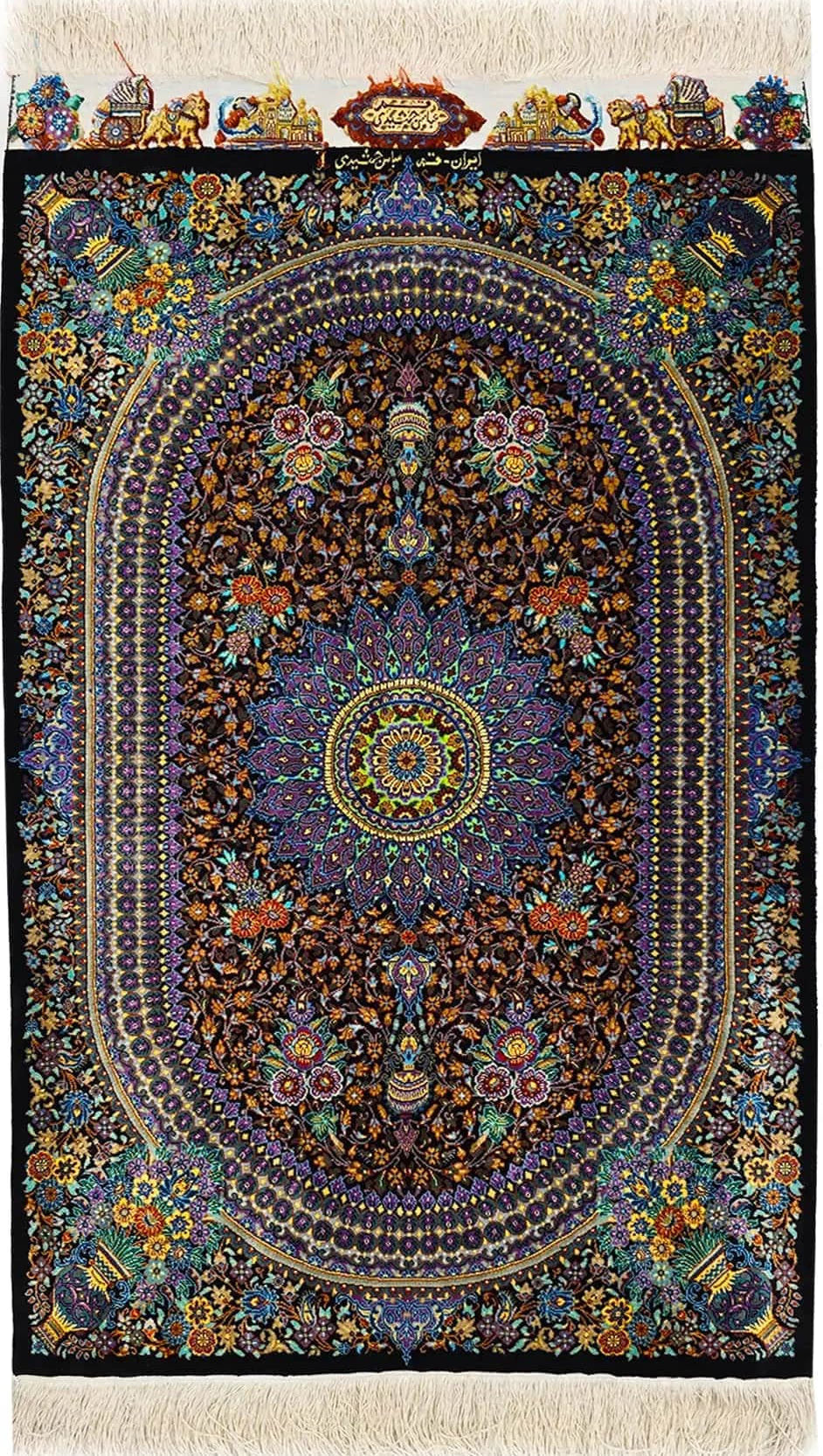 「漆黒の宝石」【ジャムシディ工房（アッバス）】 89×59cm 黒「Midnight Jewel」クム産シルク ID25022