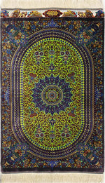 稀代のカラーリング 【ジャムシディ工房（アッバス）】 92×62cm ライムグリーン×紫「春の芽吹き」クム産シルク ID25021
