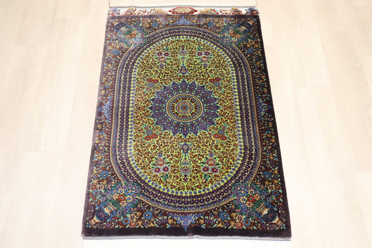 稀代のカラーリング 【ジャムシディ工房（アッバス）】 92×62cm ライムグリーン×紫「春の芽吹き」クム産シルク ID25021