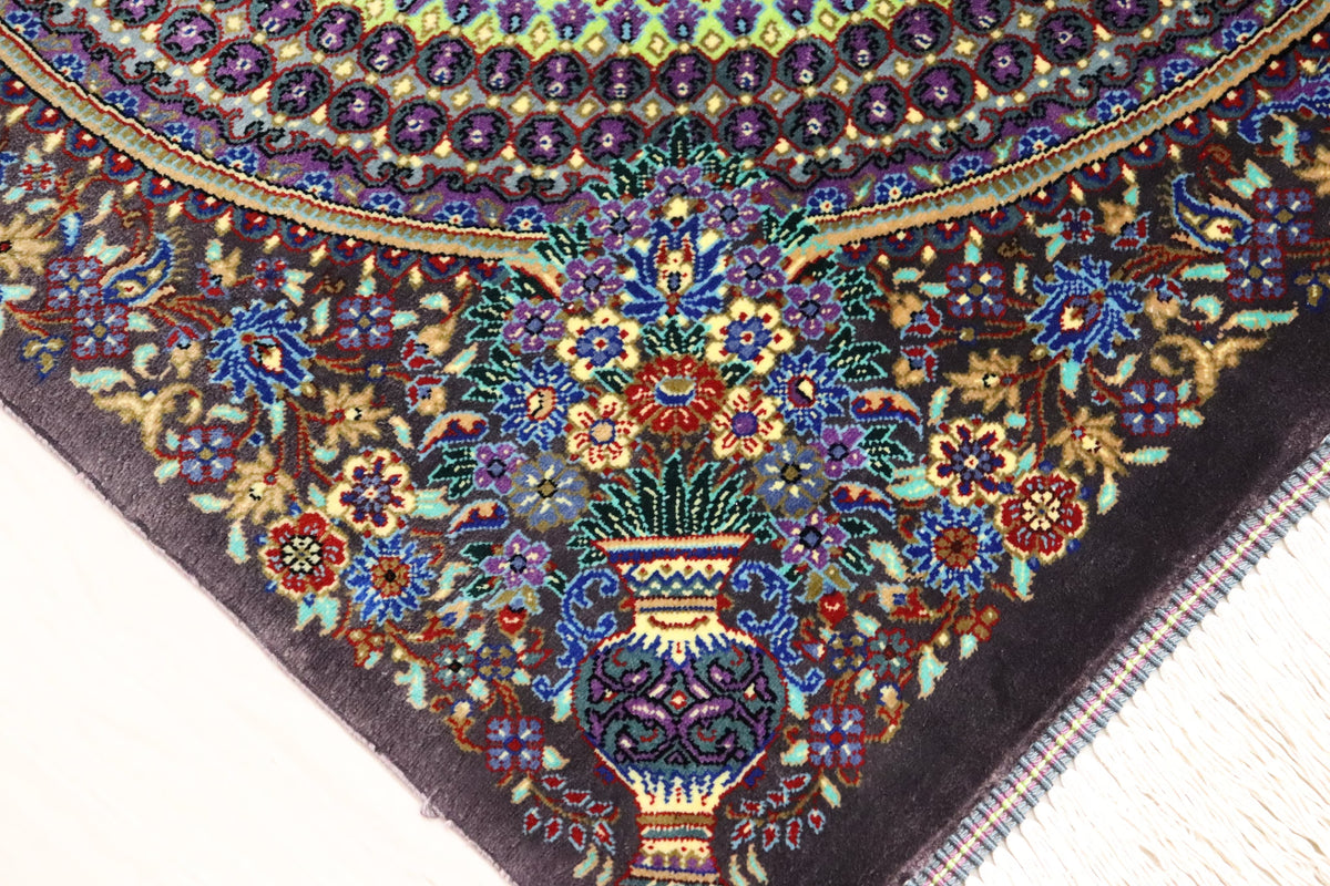 稀代のカラーリング 【ジャムシディ工房（アッバス）】 92×62cm ライムグリーン×紫「春の芽吹き」クム産シルク ID25021