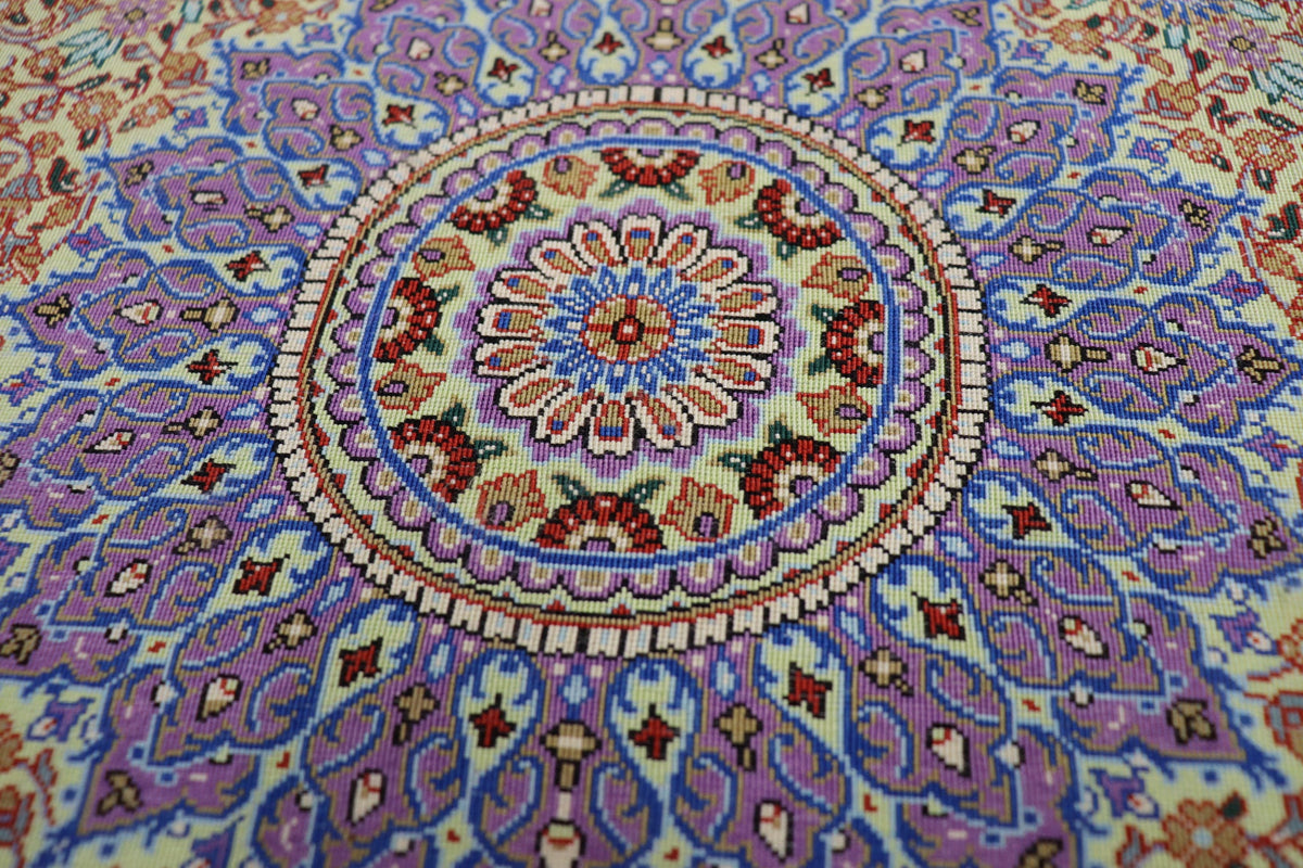 稀代のカラーリング 【ジャムシディ工房（アッバス）】 92×62cm ライムグリーン×紫「春の芽吹き」クム産シルク ID25021