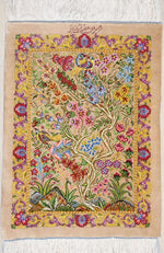 ペルシャ絨毯 クム産 シルク100% ミニサイズ 生命の樹×華やかな自然モチーフ プレゼントとして最適