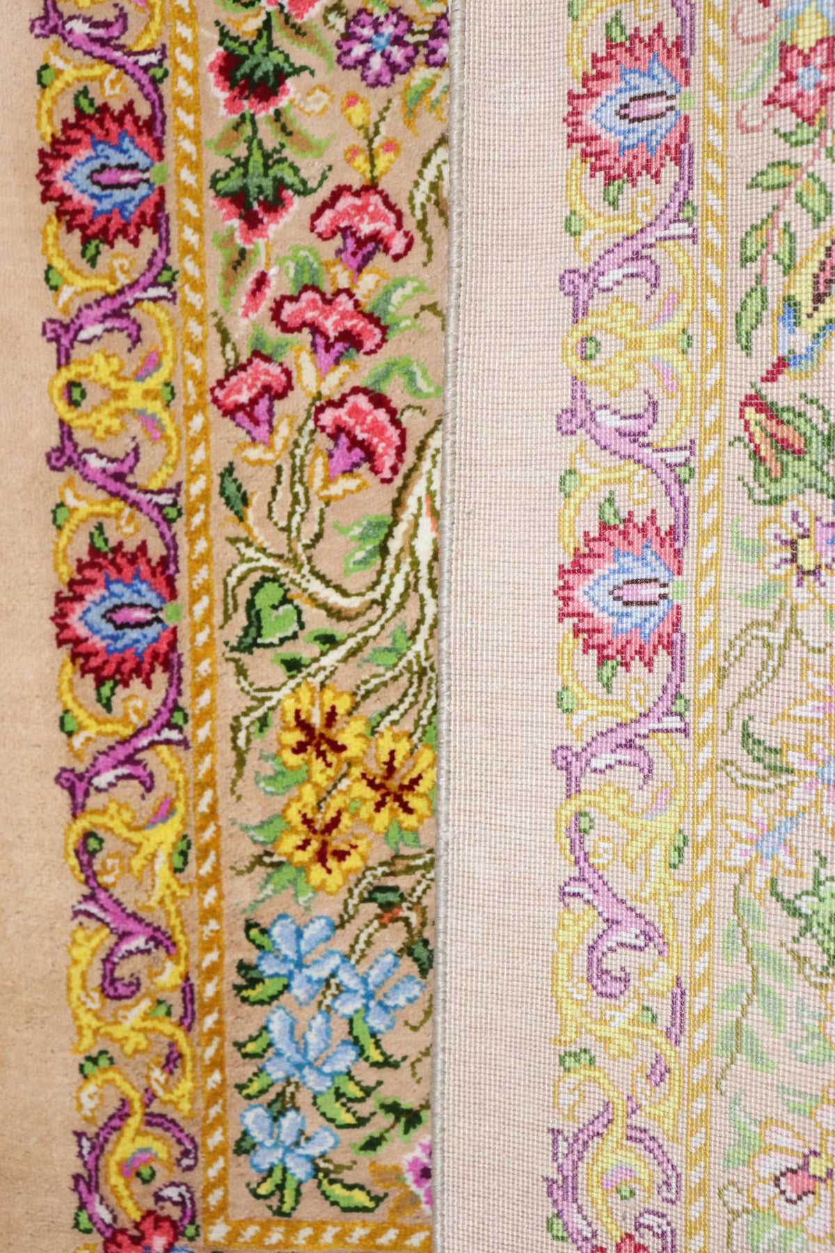 ペルシャ絨毯 クム産 シルク100% ミニサイズ 生命の樹×華やかな自然モチーフ プレゼントとして最適