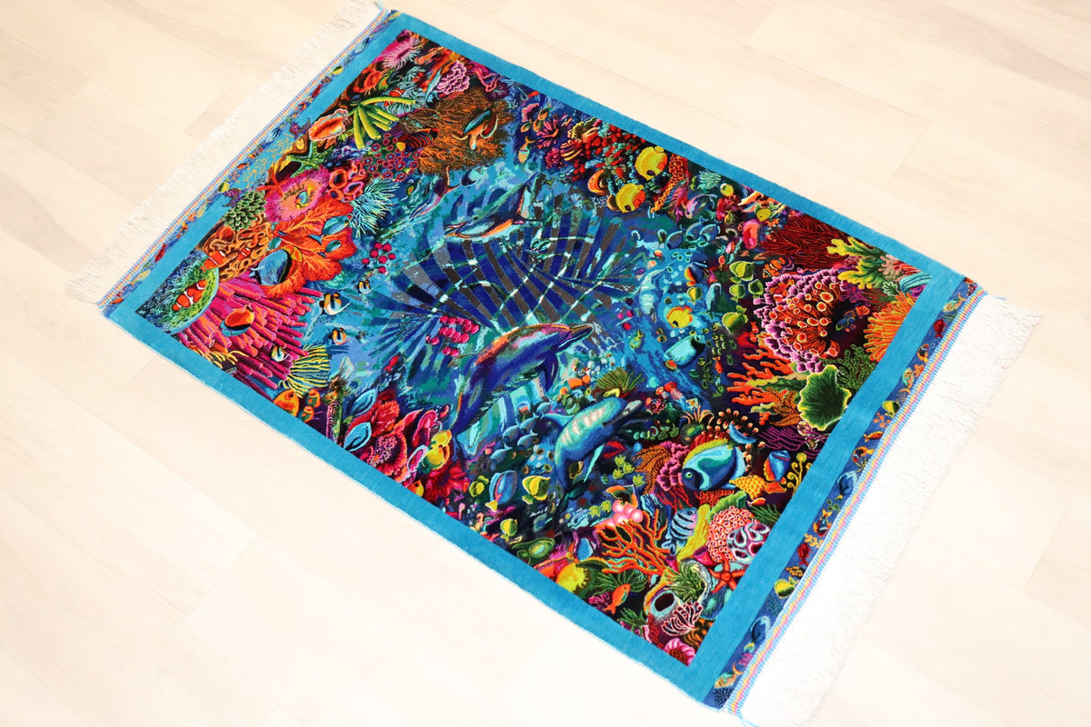【バハラム(Ali)工房】息を呑むほど鮮やかな絵画絨毯 奇跡の海底世界 お部屋に飾る永遠のアクアリウム ID25023