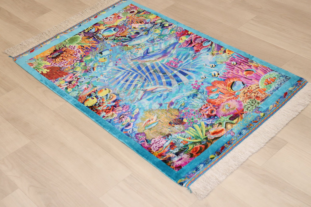 【バハラム(Ali)工房】息を呑むほど鮮やかな絵画絨毯 奇跡の海底世界 お部屋に飾る永遠のアクアリウム ID25023