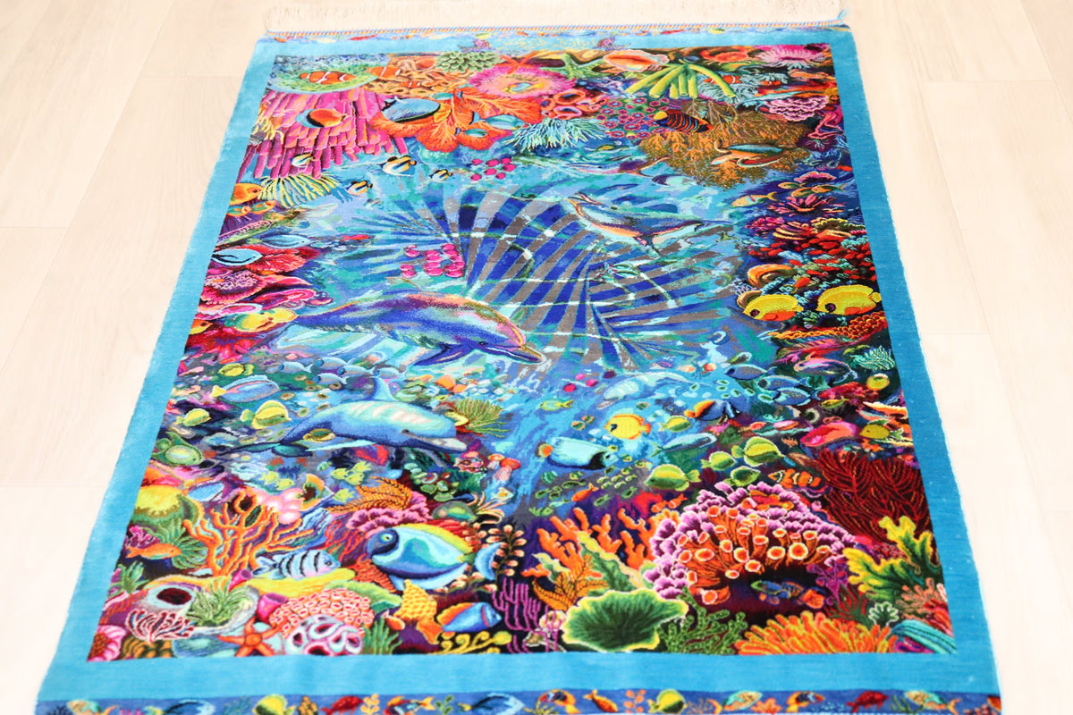 【バハラム(Ali)工房】息を呑むほど鮮やかな絵画絨毯 奇跡の海底世界 お部屋に飾る永遠のアクアリウム ID25023