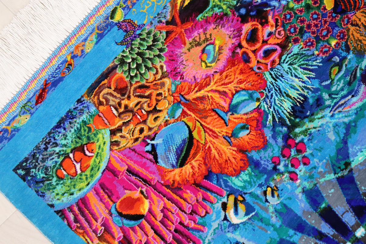 【バハラム(Ali)工房】息を呑むほど鮮やかな絵画絨毯 奇跡の海底世界 お部屋に飾る永遠のアクアリウム ID25023