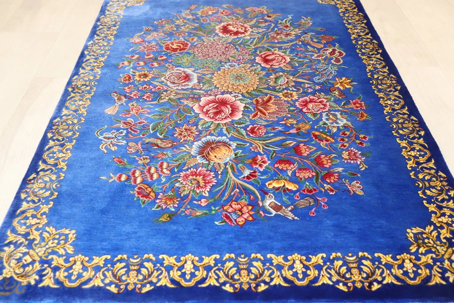 Persian carpet, 100% silk from Qom, Mirmekhidi Atelier, elegant bouquet pattern blooming in sky blue