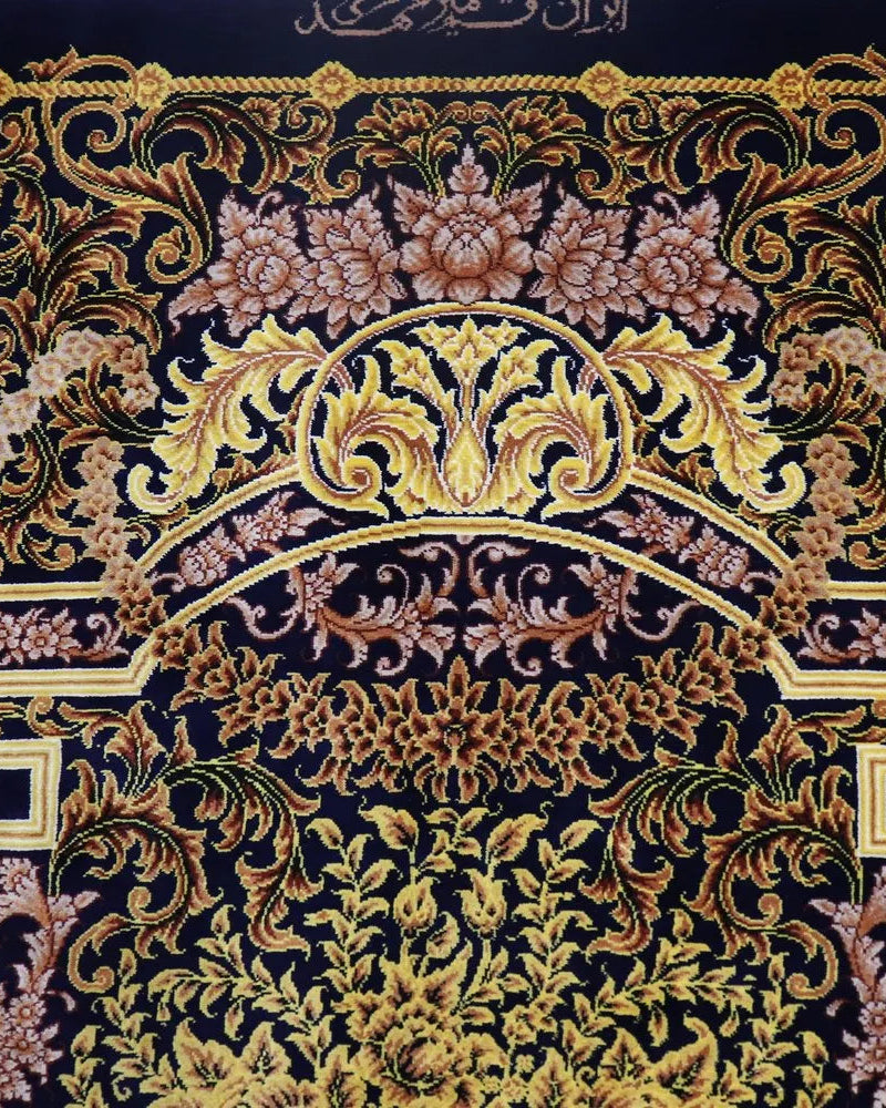 ペルシャ絨毯 クム産 シルク100% [ミルメヒディ工房] 紺花瓶柄 ID21018