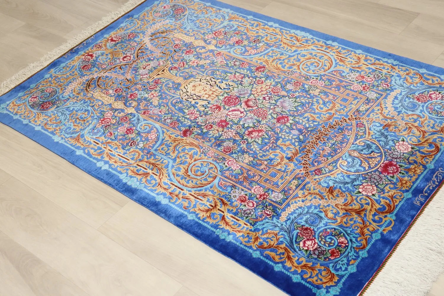 Persian carpet, 100% silk from Qom, Mirmehidi Atelier, the vibrant royal blue and flowers combine beautifully.