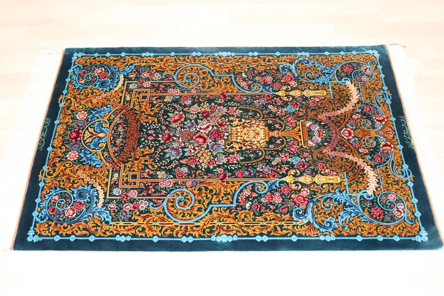 Persian Carpet, 100% Silk from Qom [Mirmehidi Workshop], Dark Green, Gorgeous Vase Pattern, ID21021