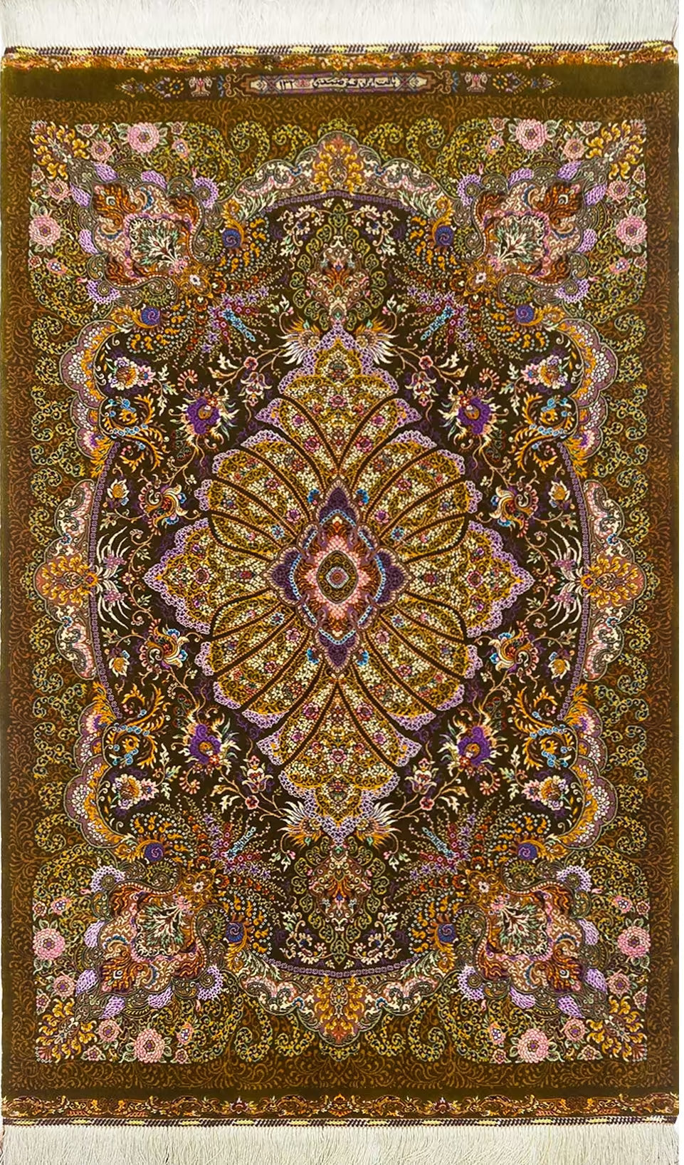 希少カラー・シルク＆ウール クム産 【サマディ工房】 103×167cm オリーブ　ID25005 1