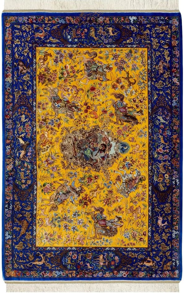 ミルメヒディ工房 王者の狩猟図(シェカールガー)金×青 103×147cm (ID25016)