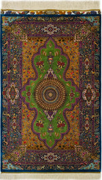 【ジャムシディ工房(マスウード)】名門が描く、黄金と緑の楽園　生命が息づく至高の一枚　クム産シルク　ID25018